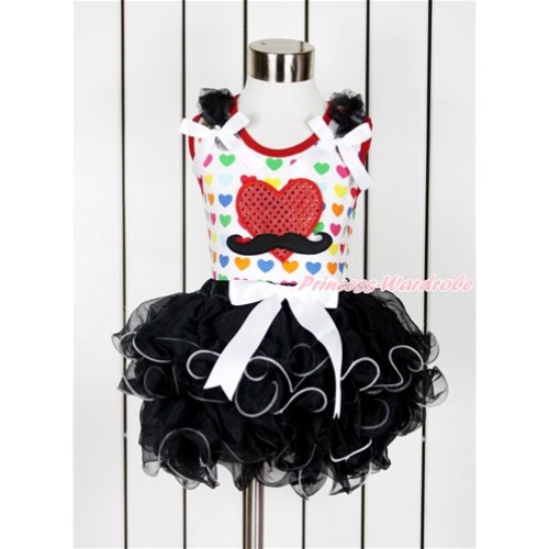 Valentine's Day Rainbow Heart Baby Pettitop with Black Ruffles & White Bow & Mustache Sparkle Red Heart Print with White Bow Black Petal Baby Pettiskirt NG1392 